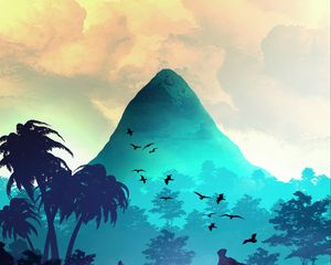 Preview wallpaper mountain, birds, trees, palm trees, tropics