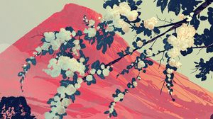 Preview wallpaper mountain, branches, flowers, landscape, art