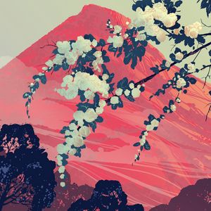 Preview wallpaper mountain, branches, flowers, landscape, art