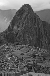 Preview wallpaper mountain, building, ruins, black and white