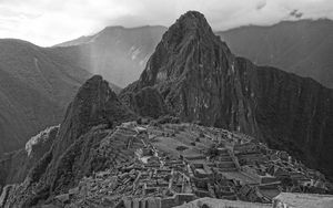 Preview wallpaper mountain, building, ruins, black and white