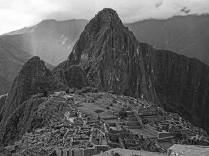 Preview wallpaper mountain, building, ruins, black and white