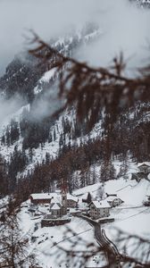 Preview wallpaper mountain, buildings, snow, trees, slope, aerial view