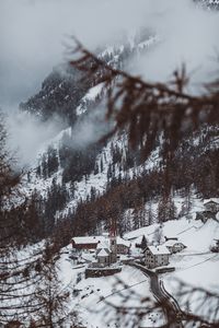 Preview wallpaper mountain, buildings, snow, trees, slope, aerial view