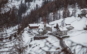 Preview wallpaper mountain, buildings, snow, trees, slope, aerial view