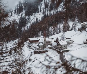 Preview wallpaper mountain, buildings, snow, trees, slope, aerial view