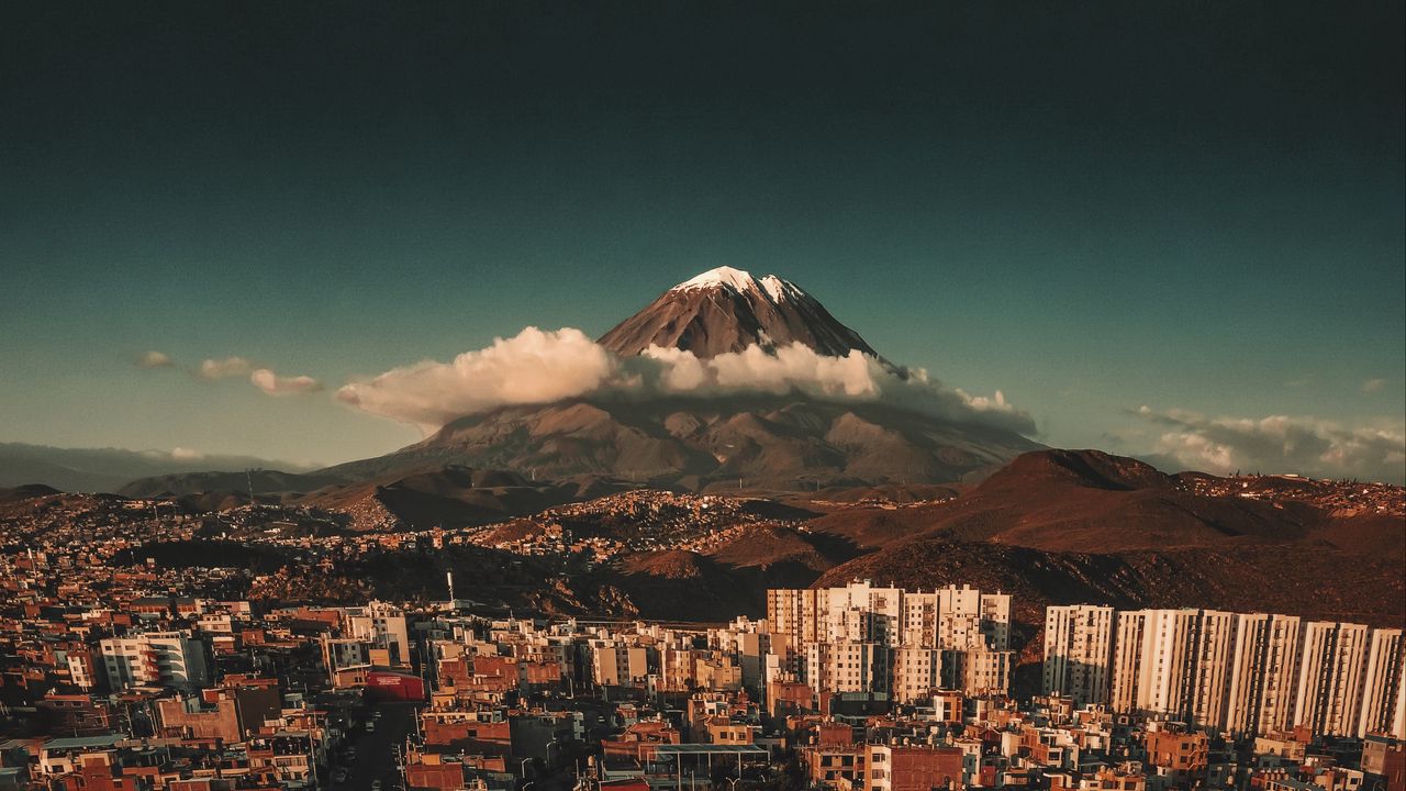 Wallpaper mountain, city, settlement, landscape, clouds