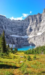 Preview wallpaper mountain, cliff, lake, trees, landscape