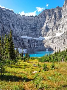 Preview wallpaper mountain, cliff, lake, trees, landscape