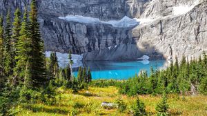 Preview wallpaper mountain, cliff, lake, trees, landscape