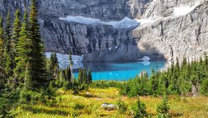 Preview wallpaper mountain, cliff, lake, trees, landscape