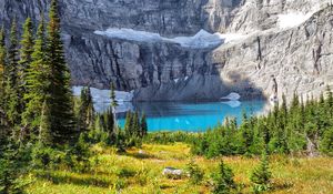 Preview wallpaper mountain, cliff, lake, trees, landscape