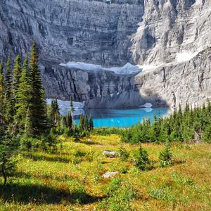 Preview wallpaper mountain, cliff, lake, trees, landscape