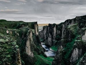 Preview wallpaper mountain, cliff, rock, river