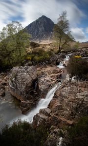 Preview wallpaper mountain, cliff, rock, waterfall, landscape, nature