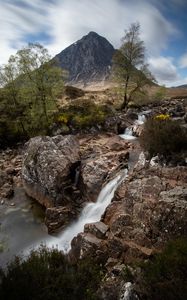 Preview wallpaper mountain, cliff, rock, waterfall, landscape, nature