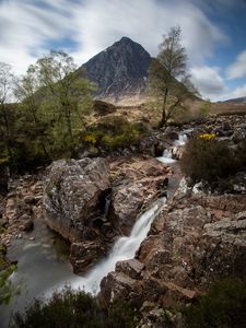 Preview wallpaper mountain, cliff, rock, waterfall, landscape, nature