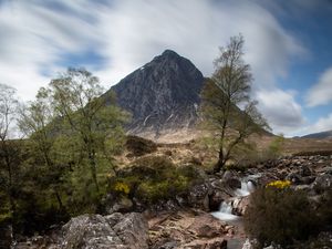 Preview wallpaper mountain, cliff, rock, waterfall, landscape, nature