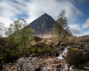 Preview wallpaper mountain, cliff, rock, waterfall, landscape, nature