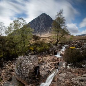 Preview wallpaper mountain, cliff, rock, waterfall, landscape, nature