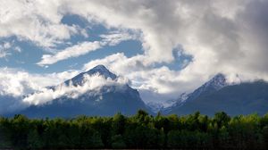 Preview wallpaper mountain, clouds, forest, trees