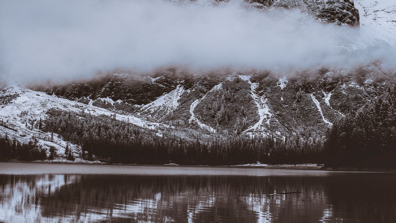 Wallpaper mountain, clouds, lake, shore, landscape, nature