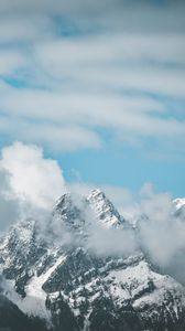 Preview wallpaper mountain, clouds, peak, fog, aerial view