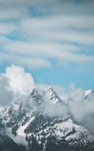 Preview wallpaper mountain, clouds, peak, fog, aerial view