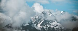 Preview wallpaper mountain, clouds, peak, fog, aerial view