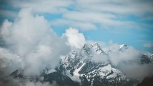 Preview wallpaper mountain, clouds, peak, fog, aerial view
