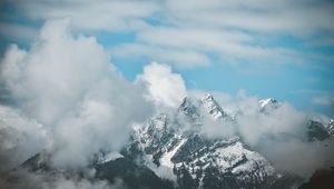 Preview wallpaper mountain, clouds, peak, fog, aerial view