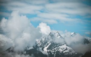 Preview wallpaper mountain, clouds, peak, fog, aerial view