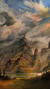 Preview wallpaper mountain, clouds, river, shore, art