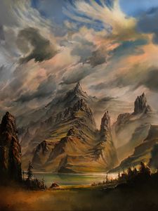 Preview wallpaper mountain, clouds, river, shore, art