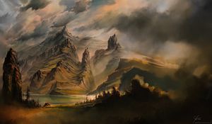 Preview wallpaper mountain, clouds, river, shore, art