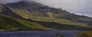 Preview wallpaper mountain, clouds, slope, grass, river