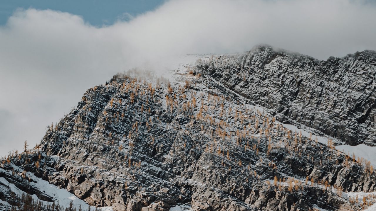 Wallpaper mountain, clouds, snow, trees