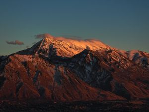 Preview wallpaper mountain, clouds, snow, dusk, landscape