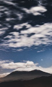 Preview wallpaper mountain, clouds, stars, dusk, long exposure