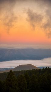 Preview wallpaper mountain, clouds, trees, dusk, landscape