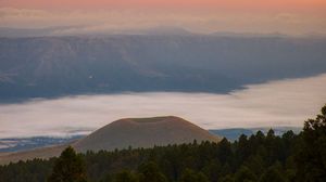 Preview wallpaper mountain, clouds, trees, dusk, landscape