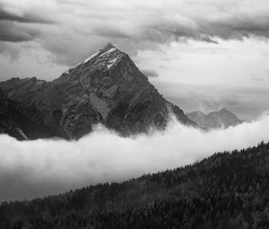Preview wallpaper mountain, clouds, trees, forest, black and white