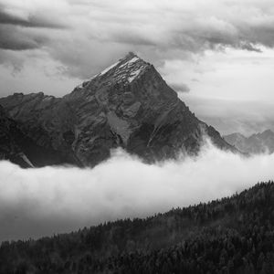 Preview wallpaper mountain, clouds, trees, forest, black and white