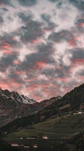 Preview wallpaper mountain, clouds, village, forest, trees, sunset