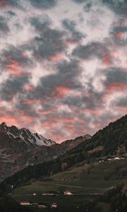 Preview wallpaper mountain, clouds, village, forest, trees, sunset