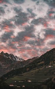 Preview wallpaper mountain, clouds, village, forest, trees, sunset