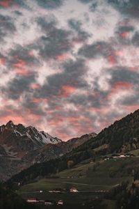 Preview wallpaper mountain, clouds, village, forest, trees, sunset