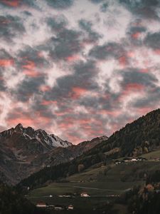 Preview wallpaper mountain, clouds, village, forest, trees, sunset
