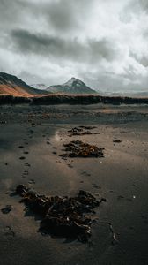 Preview wallpaper mountain, coast, sand, footprints, landscape