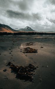 Preview wallpaper mountain, coast, sand, footprints, landscape